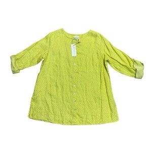 Rachel Zoe Yellow Chartreuse Polka Dot Linen Button Down Tunic, NWT, 1X